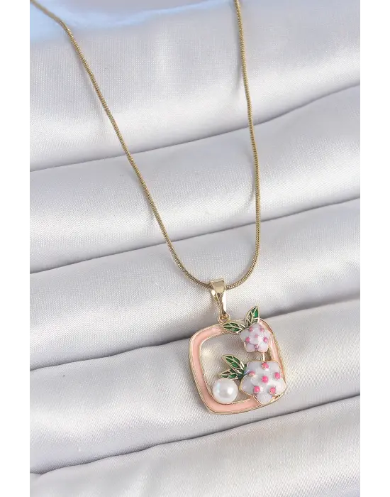 316L Çelik Gold Renk Zincir Pembe Mineli Kare Model Çiçek İşlemeli İnci Detay Kadın Kolye