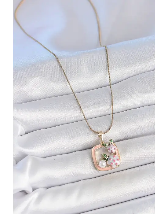 316L Çelik Gold Renk Zincir Pembe Mineli Kare Model Çiçek İşlemeli İnci Detay Kadın Kolye