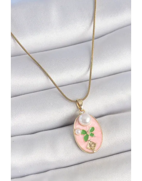 316L Çelik Gold Renk Zincir Pembe Mineli Oval İncili Çiçek İşlemeli Portre Model Kadın Kolye
