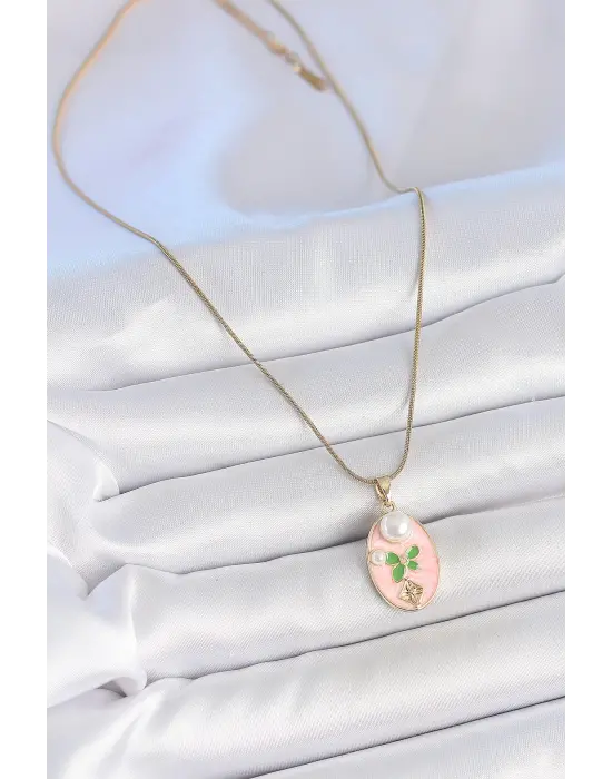 316L Çelik Gold Renk Zincir Pembe Mineli Oval İncili Çiçek İşlemeli Portre Model Kadın Kolye