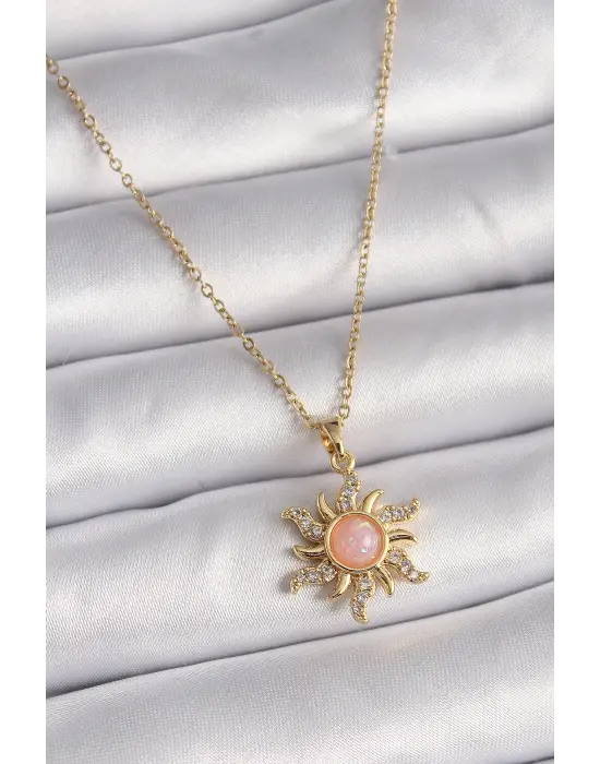  Altın  Zincir Pembe Mineli Zirkon Taşlı Güneş Model  Çelik Kolye