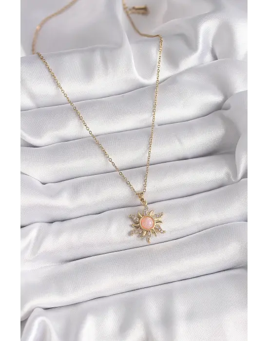  Altın  Zincir Pembe Mineli Zirkon Taşlı Güneş Model  Çelik Kolye