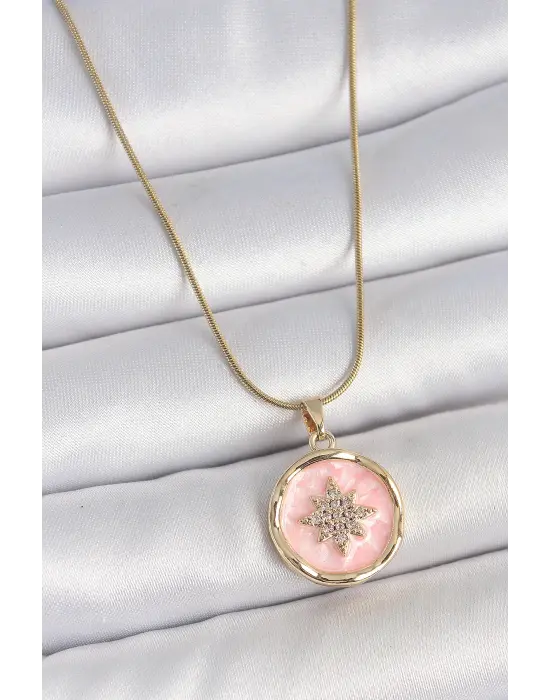 316L Çelik Gold Renk Zincir Pembe Mineli Zirkon Taşlı Kuzey Yıldız İşlemeli Madalyon Model Kadın Kolye