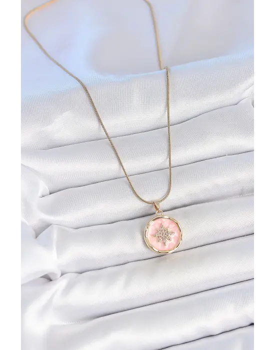 316L Çelik Gold Renk Zincir Pembe Mineli Zirkon Taşlı Kuzey Yıldız İşlemeli Madalyon Model Kadın Kolye