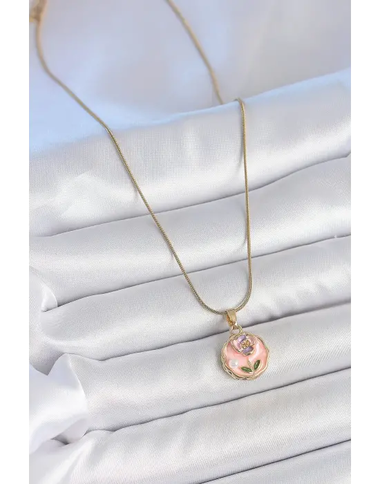 316L Çelik Gold Renk Zincir Pembe Minimal Çiçek İşlemeli İnci Detay Portre Model Kadın Kolye