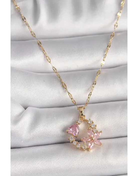  Altın  Zincir Pembe Zirkon Taşlı Çiçek Figür Kalp Detay  Çelik Kolye