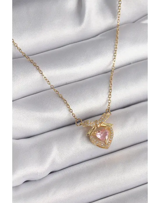  Altın  Zincir Pembe Zirkon Taşlı Kalp Figür  Çelik Kolye