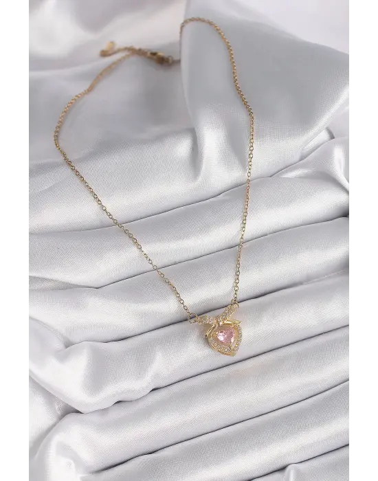  Altın  Zincir Pembe Zirkon Taşlı Kalp Figür  Çelik Kolye