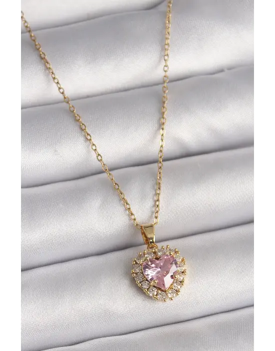  Altın  Zincir Pembe Zirkon Taşlı Kalp Model  Çelik Kolye