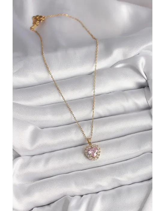  Altın  Zincir Pembe Zirkon Taşlı Kalp Model  Çelik Kolye