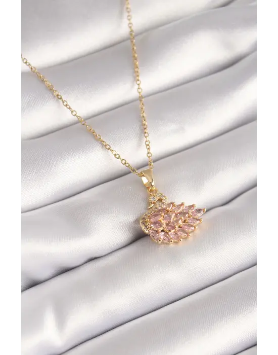  Altın  Zincir Pembe Zirkon Taşlı Kuğu Model  Çelik Kolye