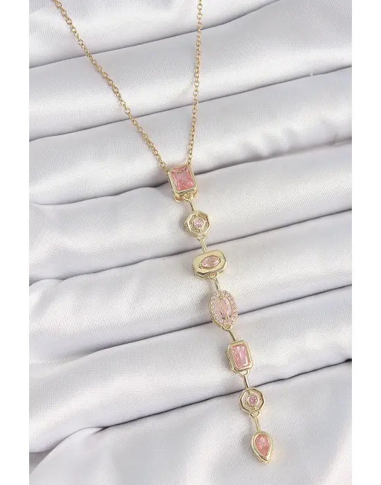 316L Çelik Gold Renk Zincir Pembe Zirkon Taşlı Y Model Dekolte Kadın Kolye