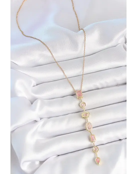316L Çelik Gold Renk Zincir Pembe Zirkon Taşlı Y Model Dekolte Kadın Kolye
