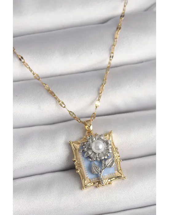  Altın  Zincir Portre Gümüş Gül Model  Çelik Kolye