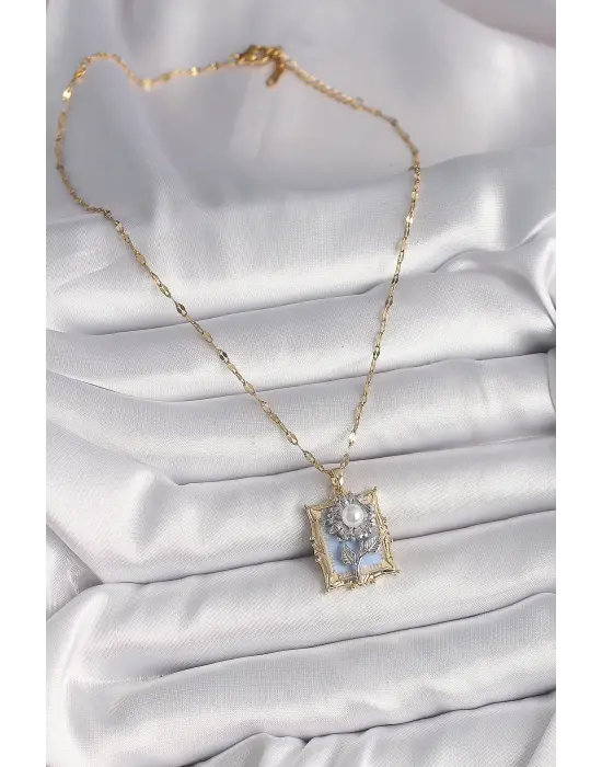  Altın  Zincir Portre Gümüş Gül Model  Çelik Kolye