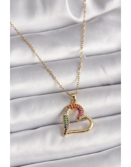 Altın  Zincir li Zirkon Taşlı Kalp Model  Çelik Kolye