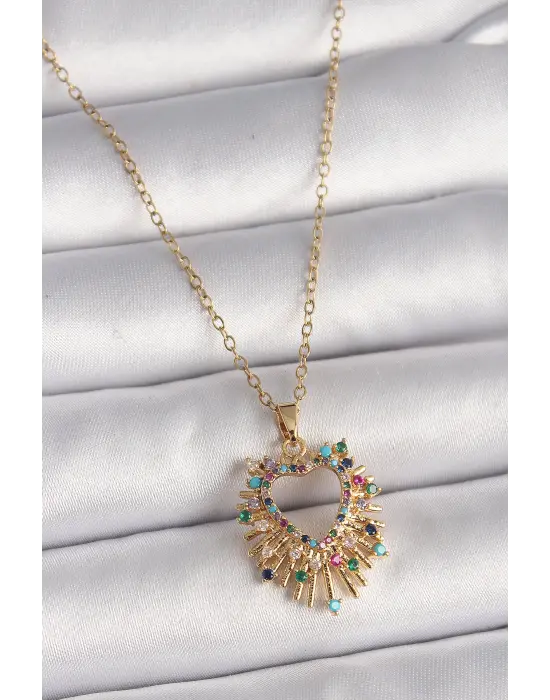  Altın  Zincir li Zirkon Taşlı Kalp Model  Çelik Kolye