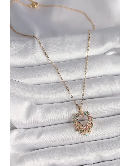  Altın  Zincir li Zirkon Taşlı Kalp Model  Çelik Kolye