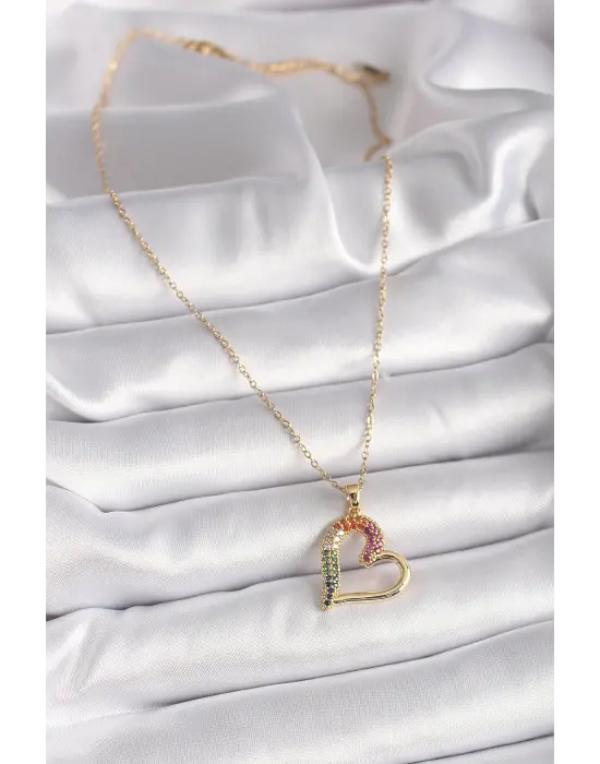  Altın  Zincir li Zirkon Taşlı Kalp Model  Çelik Kolye