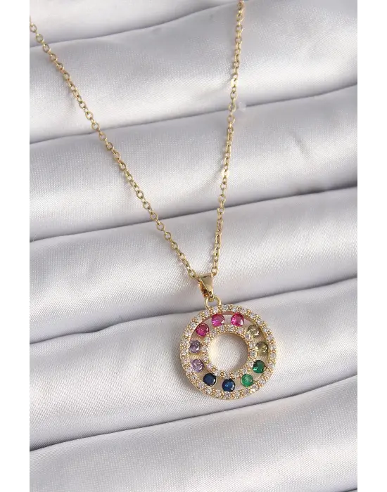  Altın  Zincir li Zirkon Taşlı Madalyon Model  Çelik Kolye