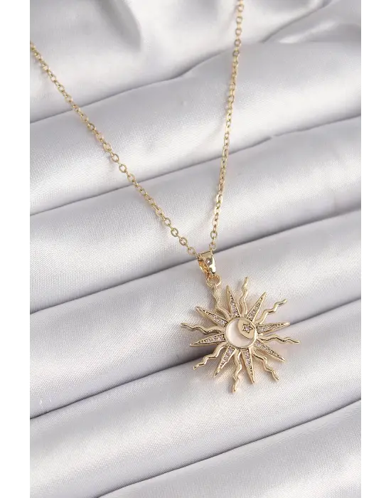  Altın  Zincir li Zirkon Taşlı Sedefli Ay İşleme Detay  Çelik Kolye