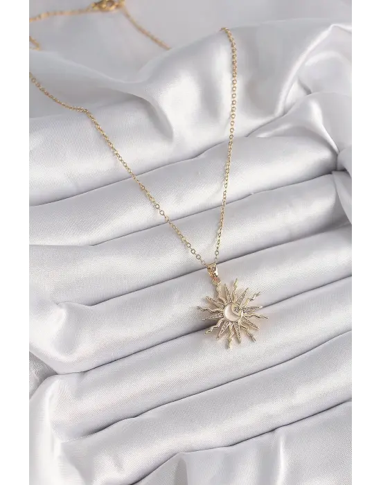  Altın  Zincir li Zirkon Taşlı Sedefli Ay İşleme Detay  Çelik Kolye