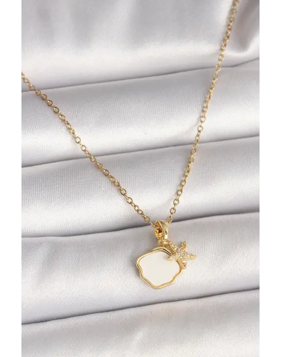 316L Çelik Gold Renk Zincir Sallantı Beyaz Mineli Deniz Kabuğu Zirkon Taşlı Deniz Yıldızı Figür Kadın Kolye