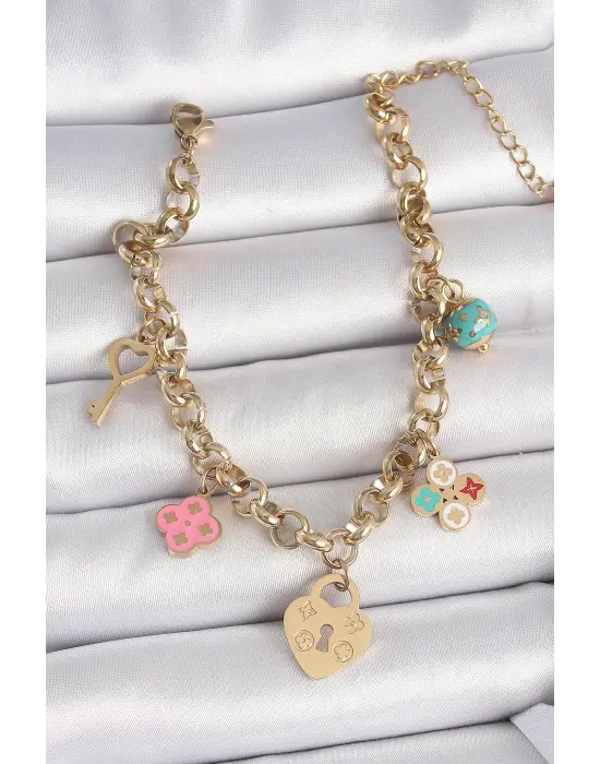 316L Çelik Gold Renk Zincir Sallantı Kilit Kalp Figür Anahtar Model Kadın Bileklik