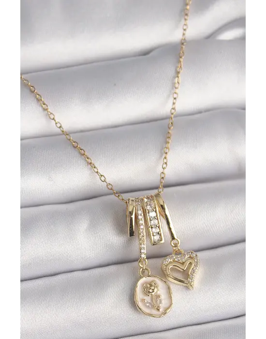  Altın  Zincir Sallantı Minimal Portre Gül Model Kalp Detay  Charm Çelik Kolye