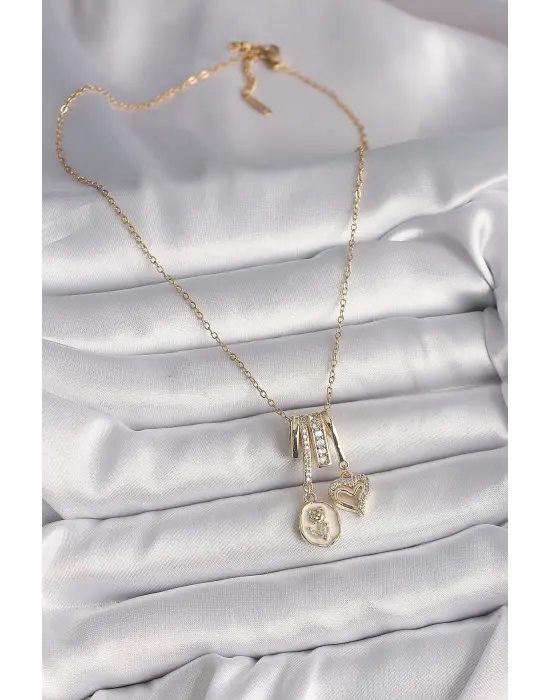  Altın  Zincir Sallantı Minimal Portre Gül Model Kalp Detay  Charm Çelik Kolye