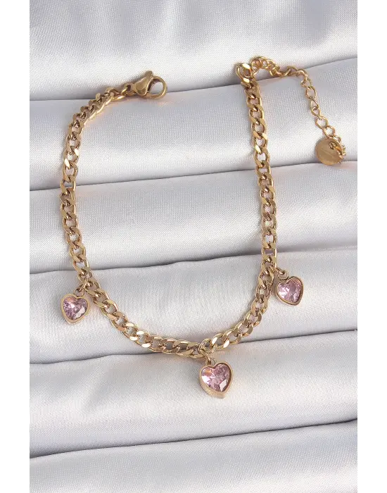 316L Çelik Gold Renk Zincir Sallantı Pembe Zirkon Taşlı Kalp Model Kadın Bileklik