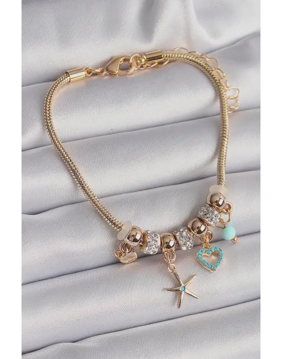 316L Çelik Gold Renk Zincir Sallantı Zirkon Taş Detaylı Deniz Yıldızı Model Charm Kadın Bileklik
