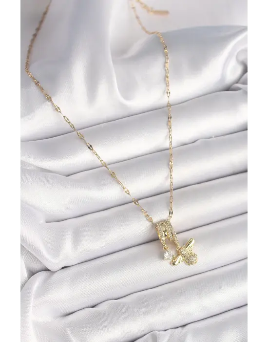 316L Çelik Gold Renk Zincir Sallantı Zirkon Taşlı Arı Figür Damla Detay Kadın Kolye