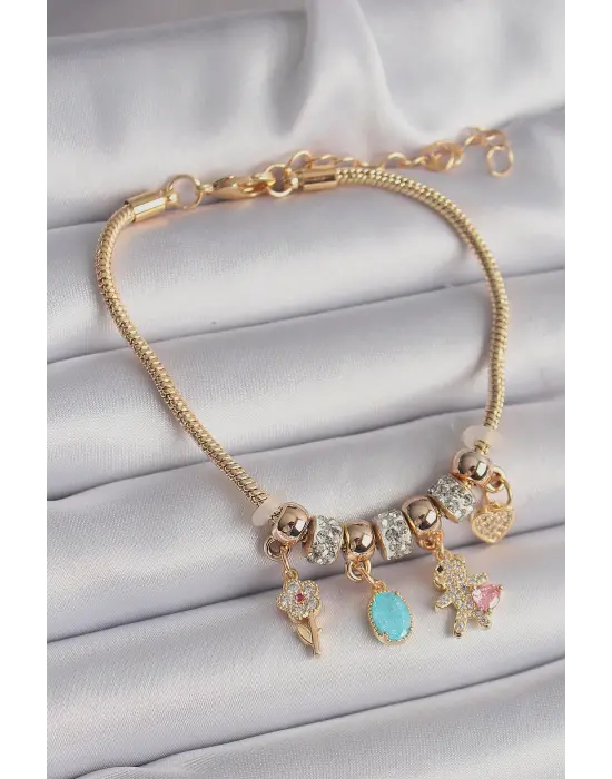 316L Çelik Gold Renk Zincir Sallantı Zirkon Taşlı Ayıcık Model Charm Kadın Bileklik