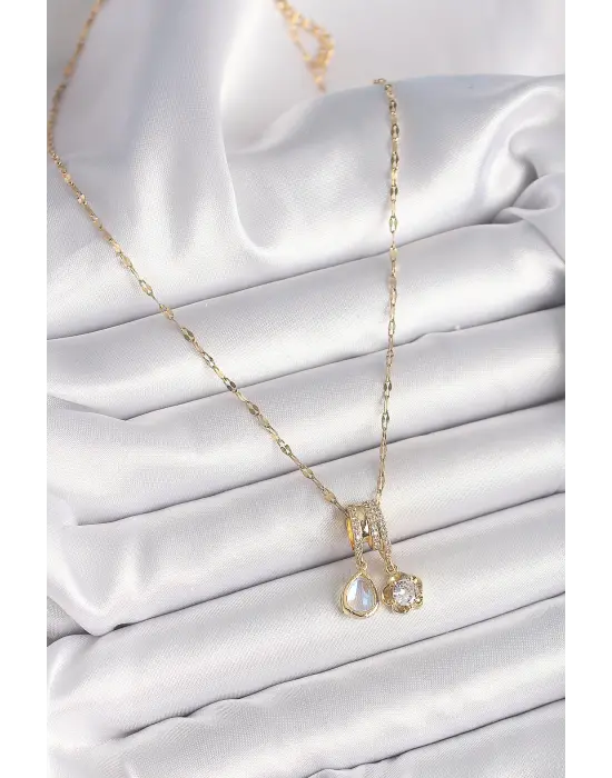 316L Çelik Gold Renk Zincir Sallantı Zirkon Taşlı Çiçek Figür Mavi Sedefli Damla Detay Kadın Kolye