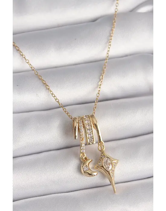  Altın  Zincir Sallantı Zirkon Taşlı Hilal Yılıdız Model  Charm Çelik Kolye