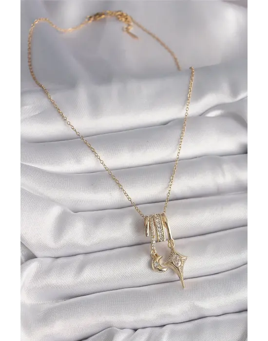  Altın  Zincir Sallantı Zirkon Taşlı Hilal Yılıdız Model  Charm Çelik Kolye