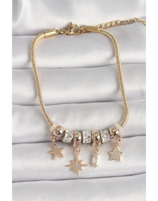 316L Çelik Gold Renk Zincir Sallantı Zirkon Taşlı Yıldız Figür Kadın Bileklik