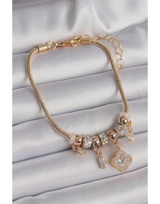 316L Çelik Gold Renk Zincir Sallantı Zirkon Taşlı Yonca Model Charm Kadın Bileklik