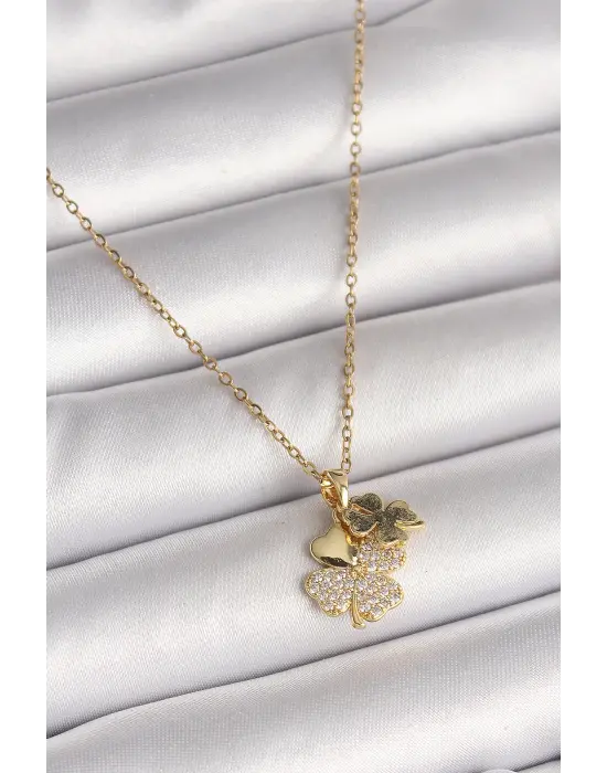 316L Çelik Gold Renk Zincir Sallantı Zirkon Taşlı Yonca Model Kadın Kolye