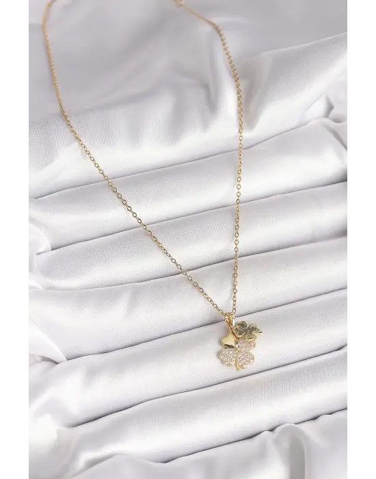 316L Çelik Gold Renk Zincir Sallantı Zirkon Taşlı Yonca Model Kadın Kolye