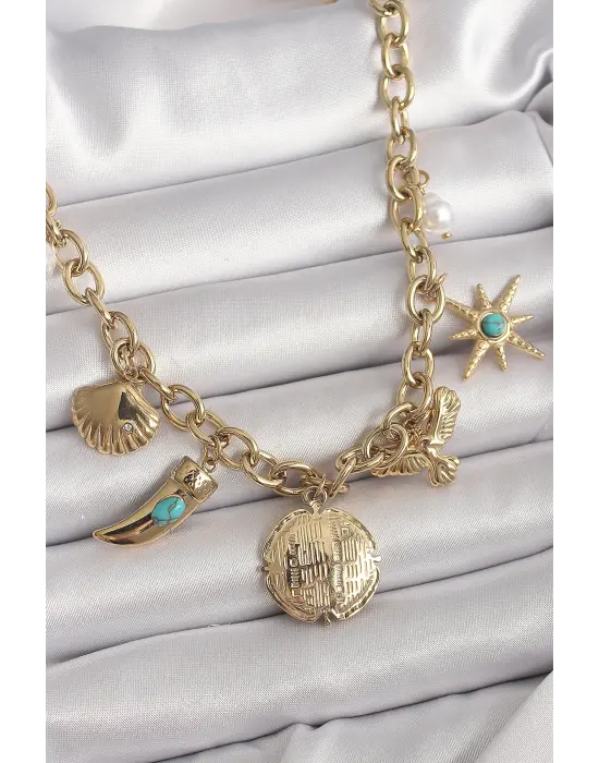  Altın  Zincir Sallantılı Çoklu Figür Model  Çelik Kolye