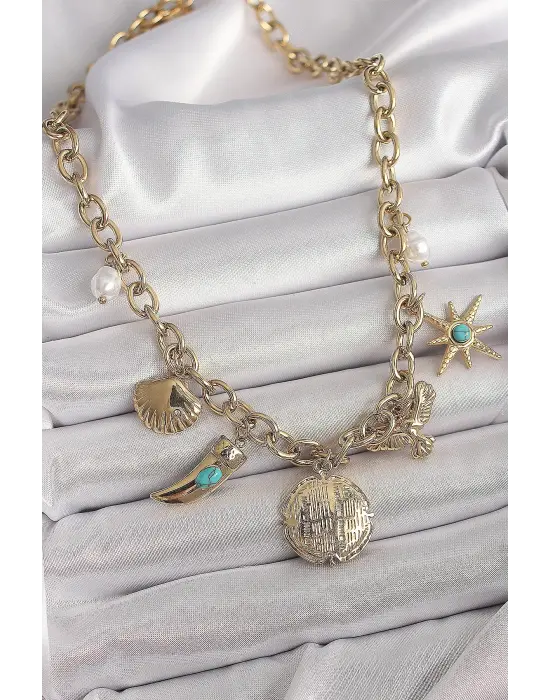  Altın  Zincir Sallantılı Çoklu Figür Model  Çelik Kolye