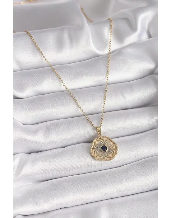  Altın  Zincir Siyah Zirkon Taş Madalyon Model  Çelik Kolye