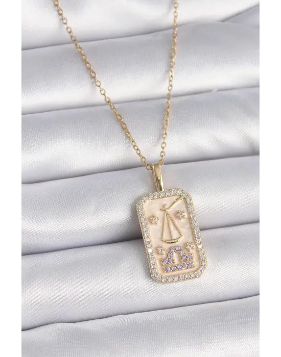  Altın  Zincir Terazi Burcu Zirkon Taşlı  Çelik Kolye