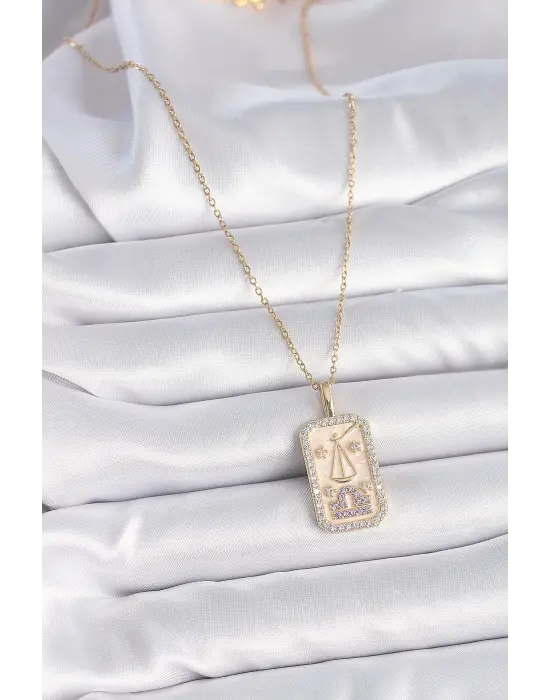  Altın  Zincir Terazi Burcu Zirkon Taşlı  Çelik Kolye