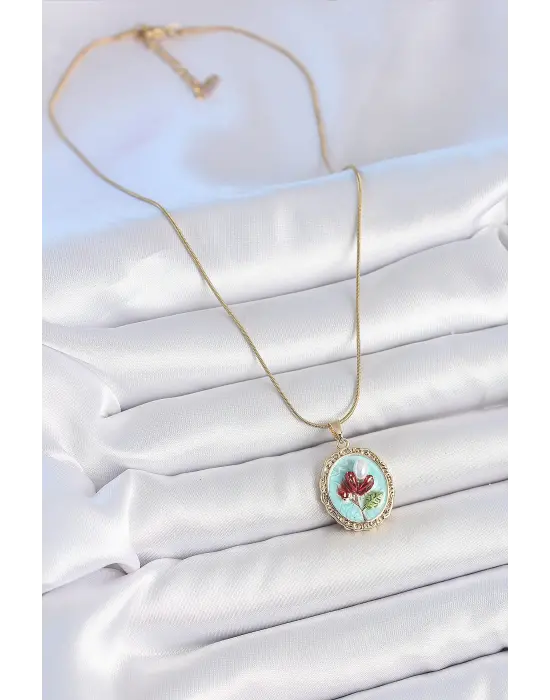 316L Çelik Gold Renk Zincir Turkuaz Mineli İncili Çiçek İşlemeli Portre Model Kadın Kolye