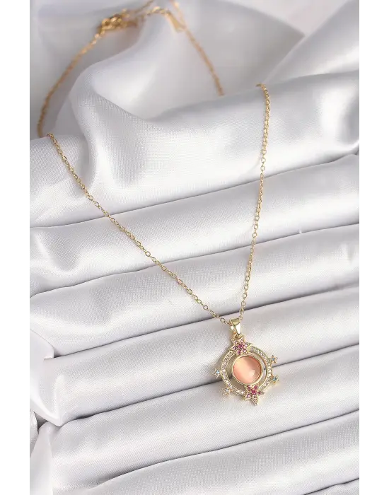  Altın  Zincir Turuncu Sedefli Zirkon Taşlı Yıldız Detay  Çelik Kolye