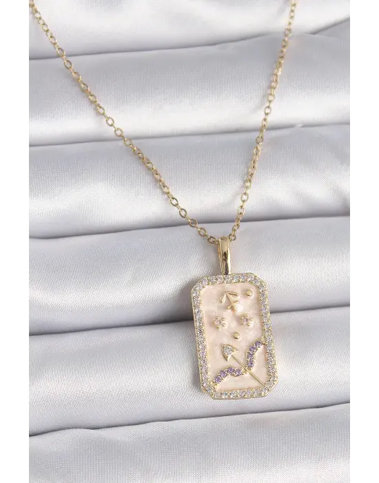  Altın  Zincir Yay Burcu Zirkon Taşlı  Çelik Kolye