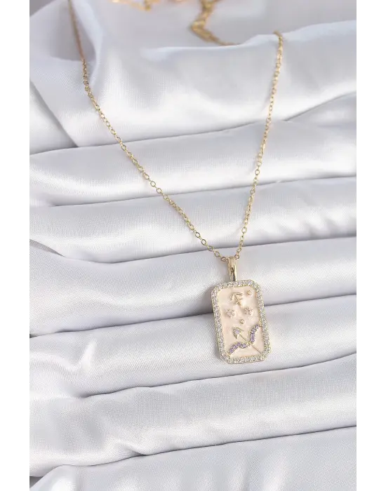  Altın  Zincir Yay Burcu Zirkon Taşlı  Çelik Kolye